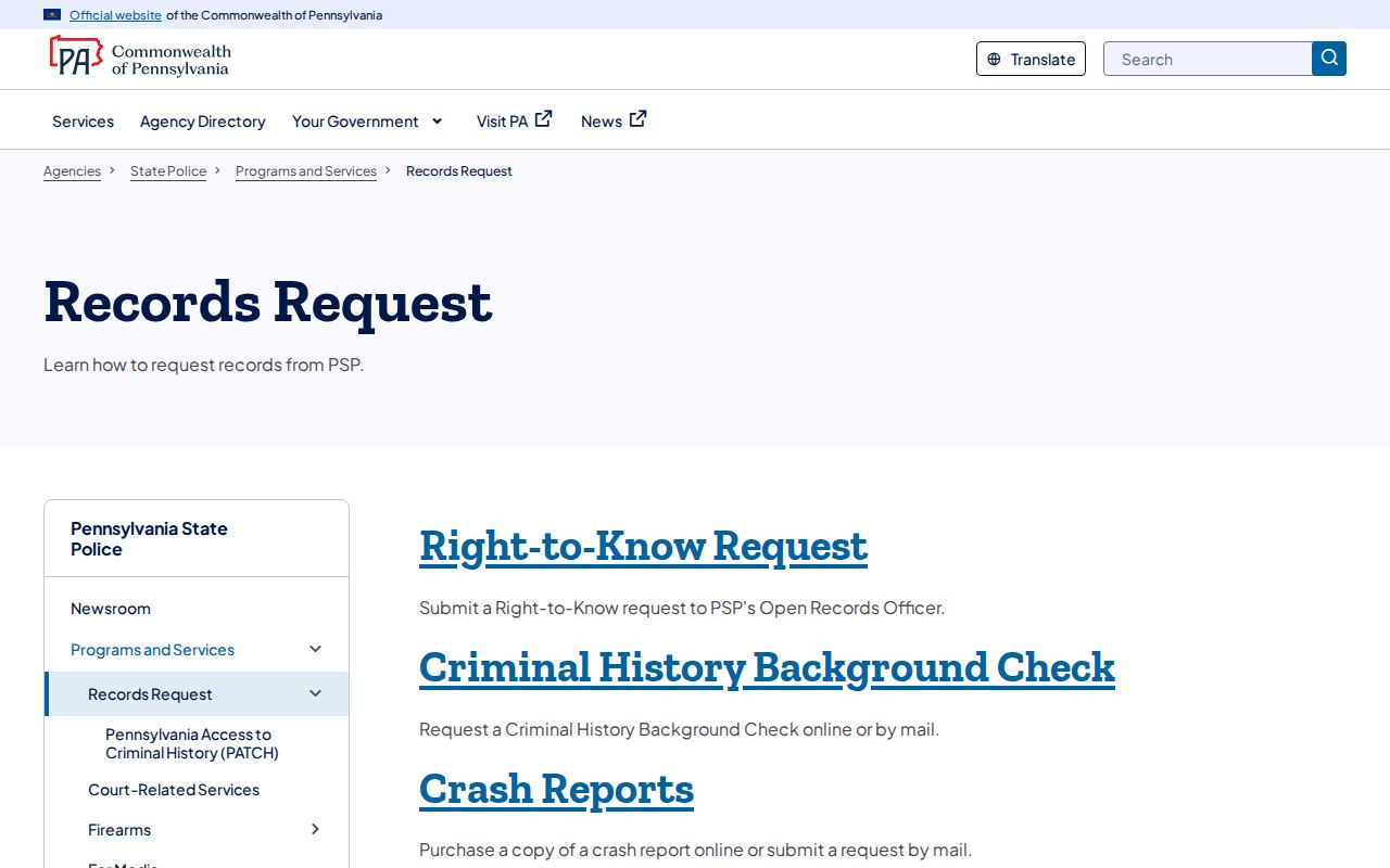 Pennsylvania State Police records request gateway