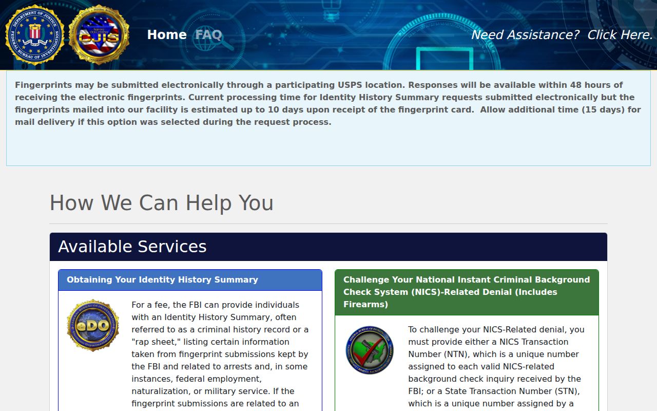 FBI electronic identity history order portal