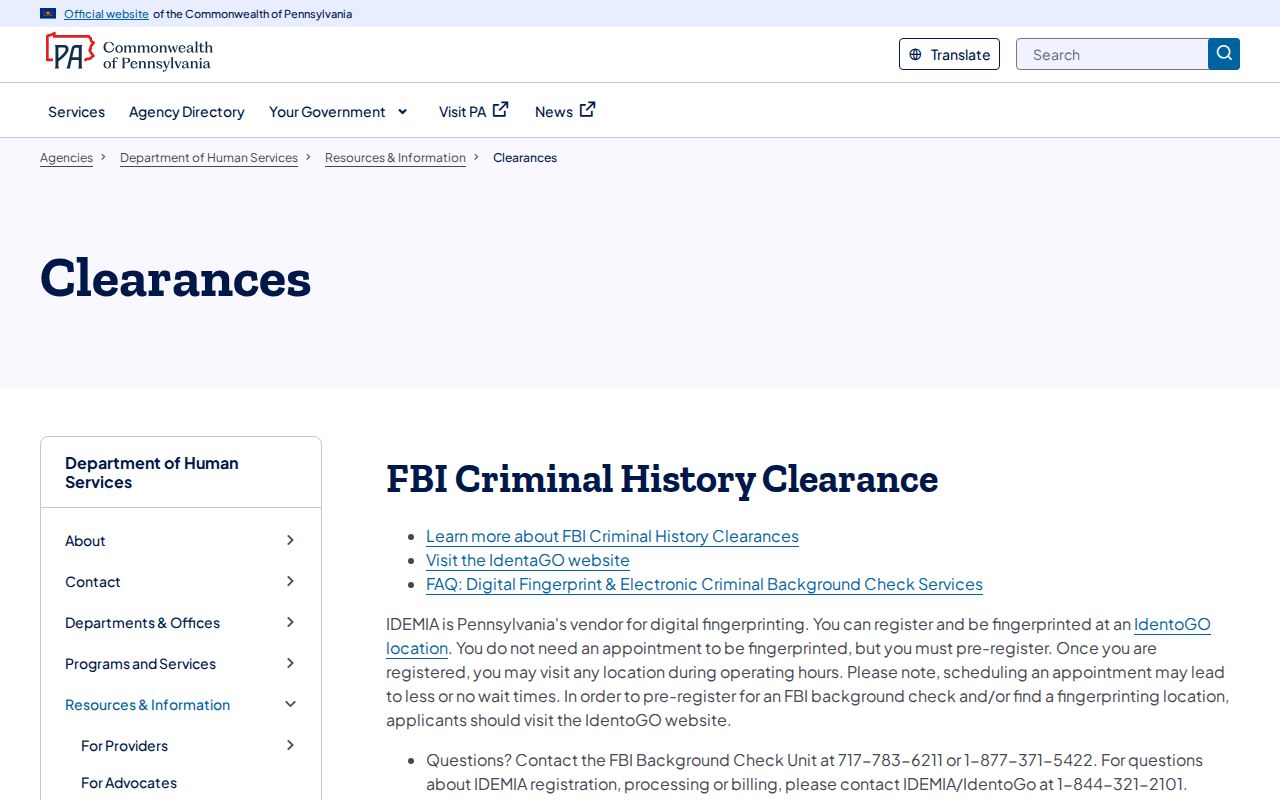 Pennsylvania clearance and fingerprint resources