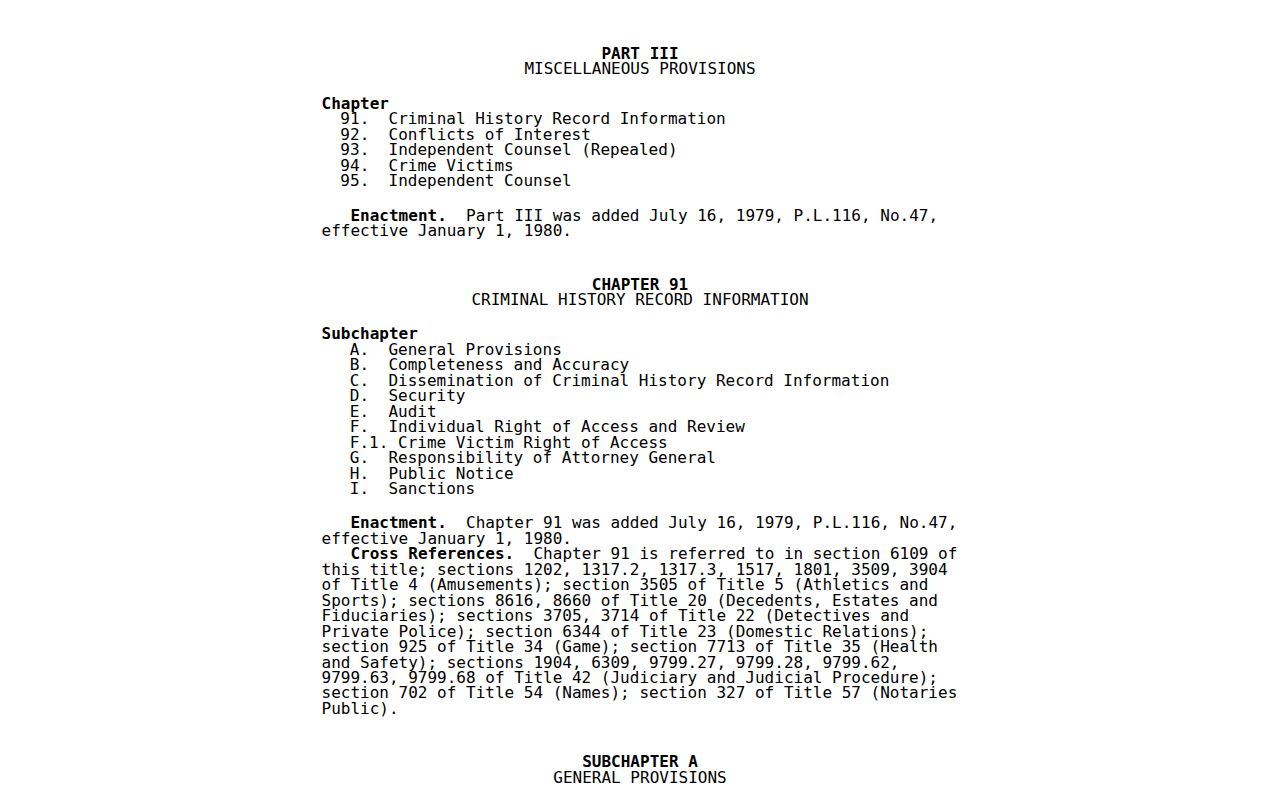 Ridgway criminal history Pennsylvania dissemination statute