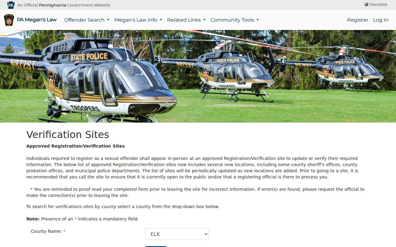 Elk County sex offender registration verification site search