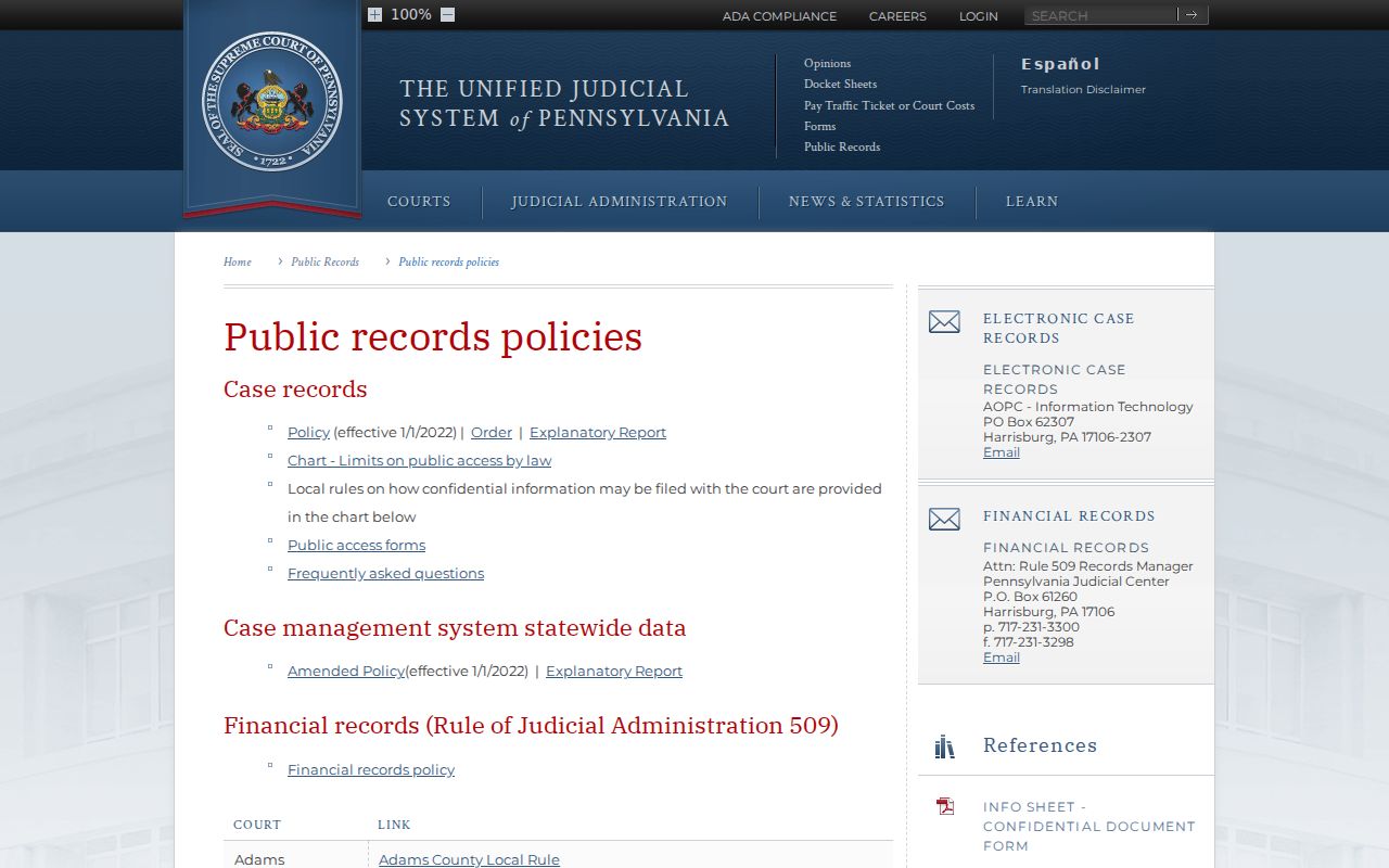 Pennsylvania court public records policies for St. Marys cases